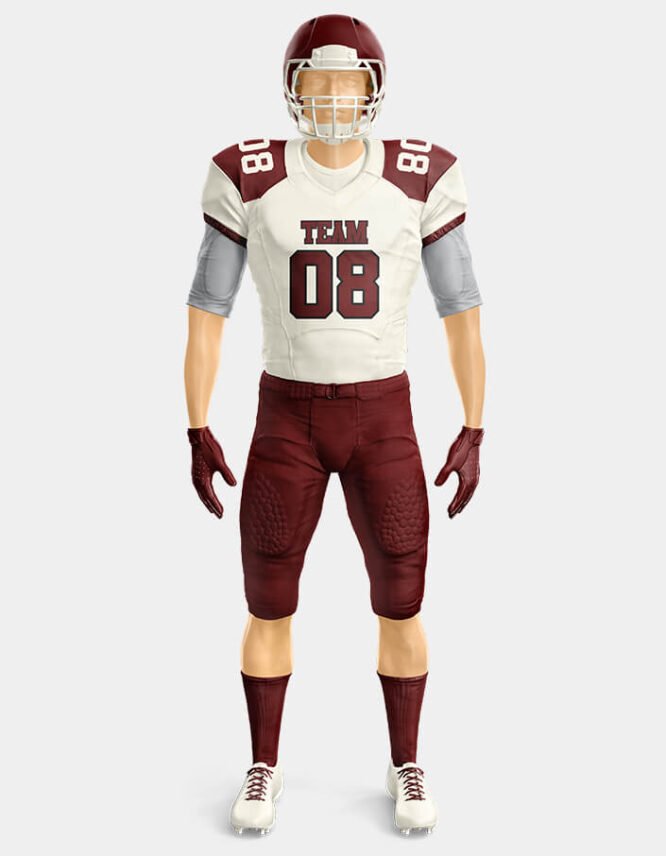 Front view of an American football uniform with team colors, logo, and number details