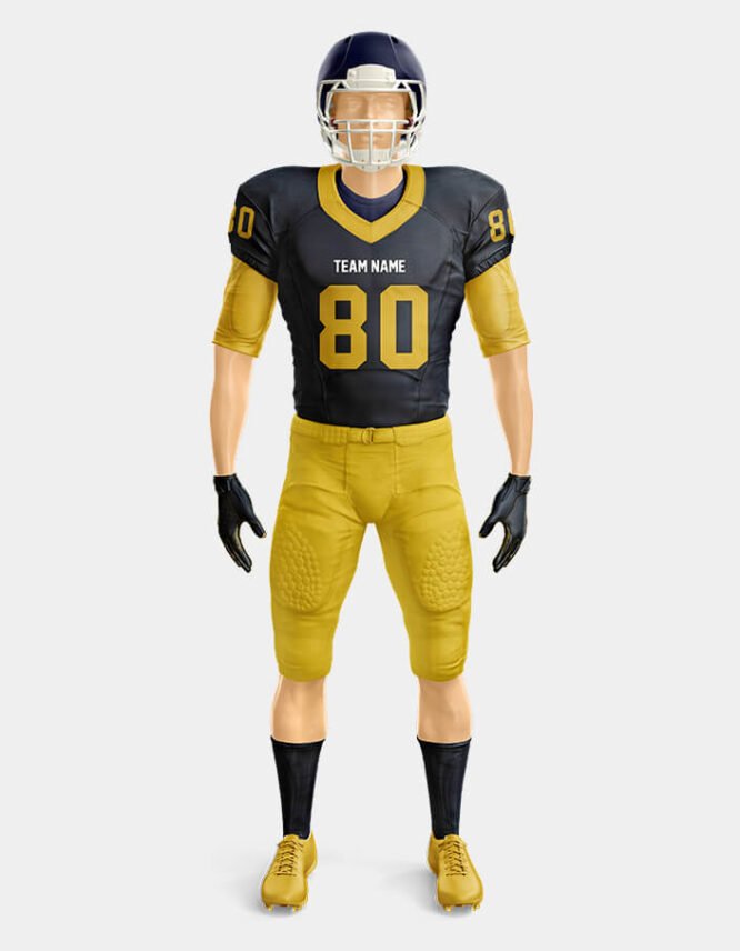 Front view of a youth American football uniform design featuring team colors, logo, and number details.