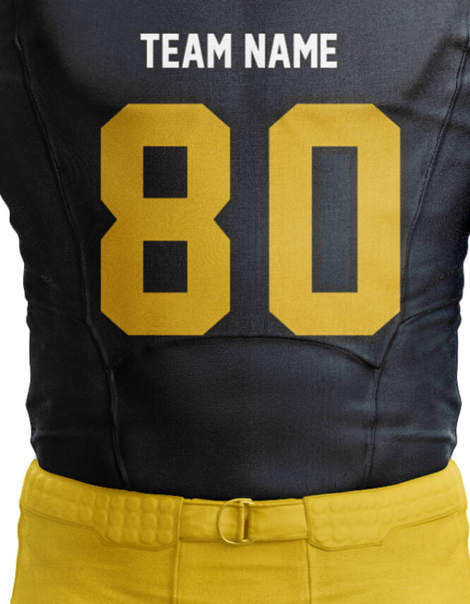 Close-up front view of a youth American football uniform design showcasing intricate details, team colors, logo, and player numbers.